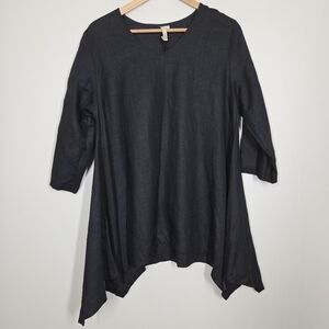 Comfy USA Black Linen Tunic Top Asymmetrical Hem Lagenlook Boho Artsy Small
